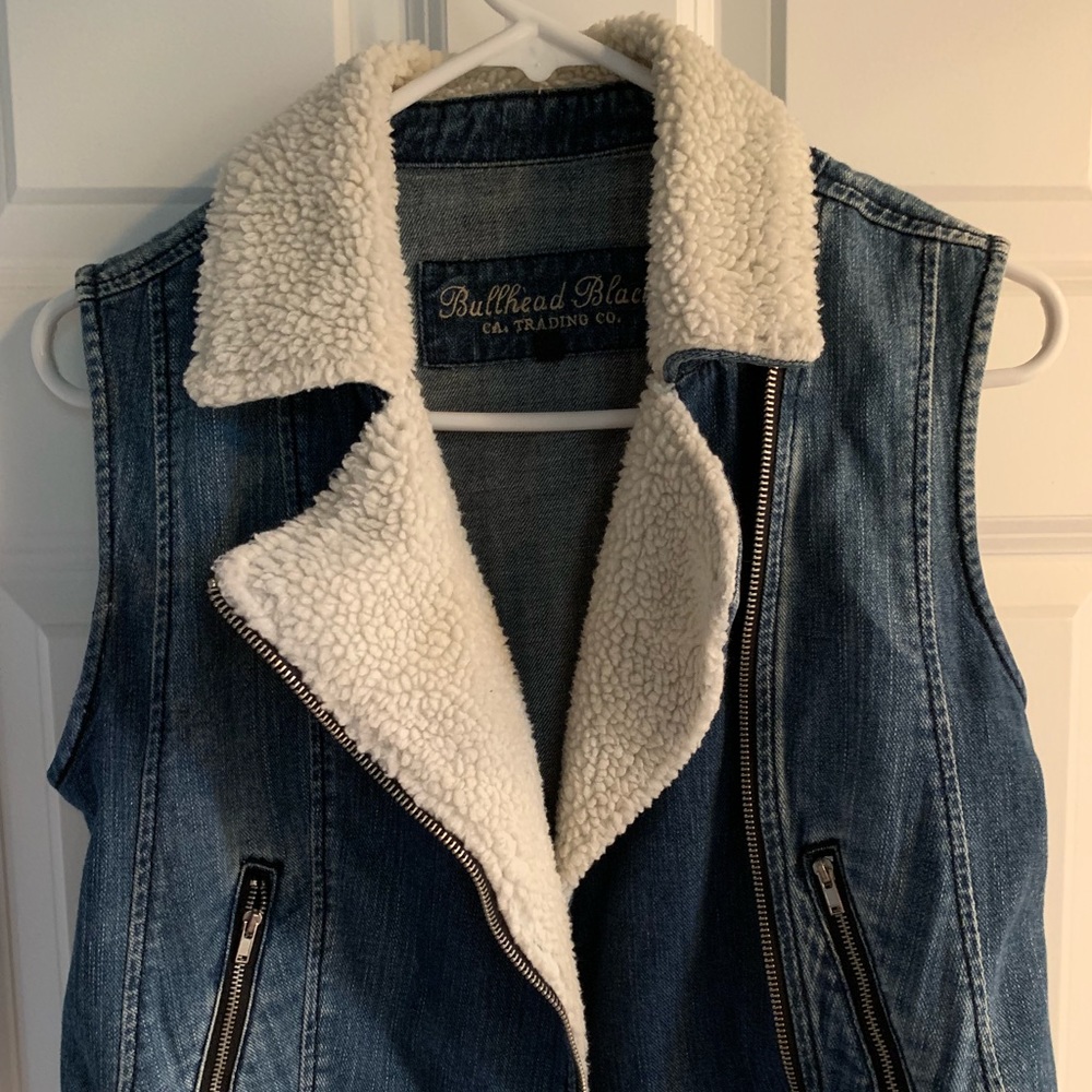 Denim sherpa lined moto vest